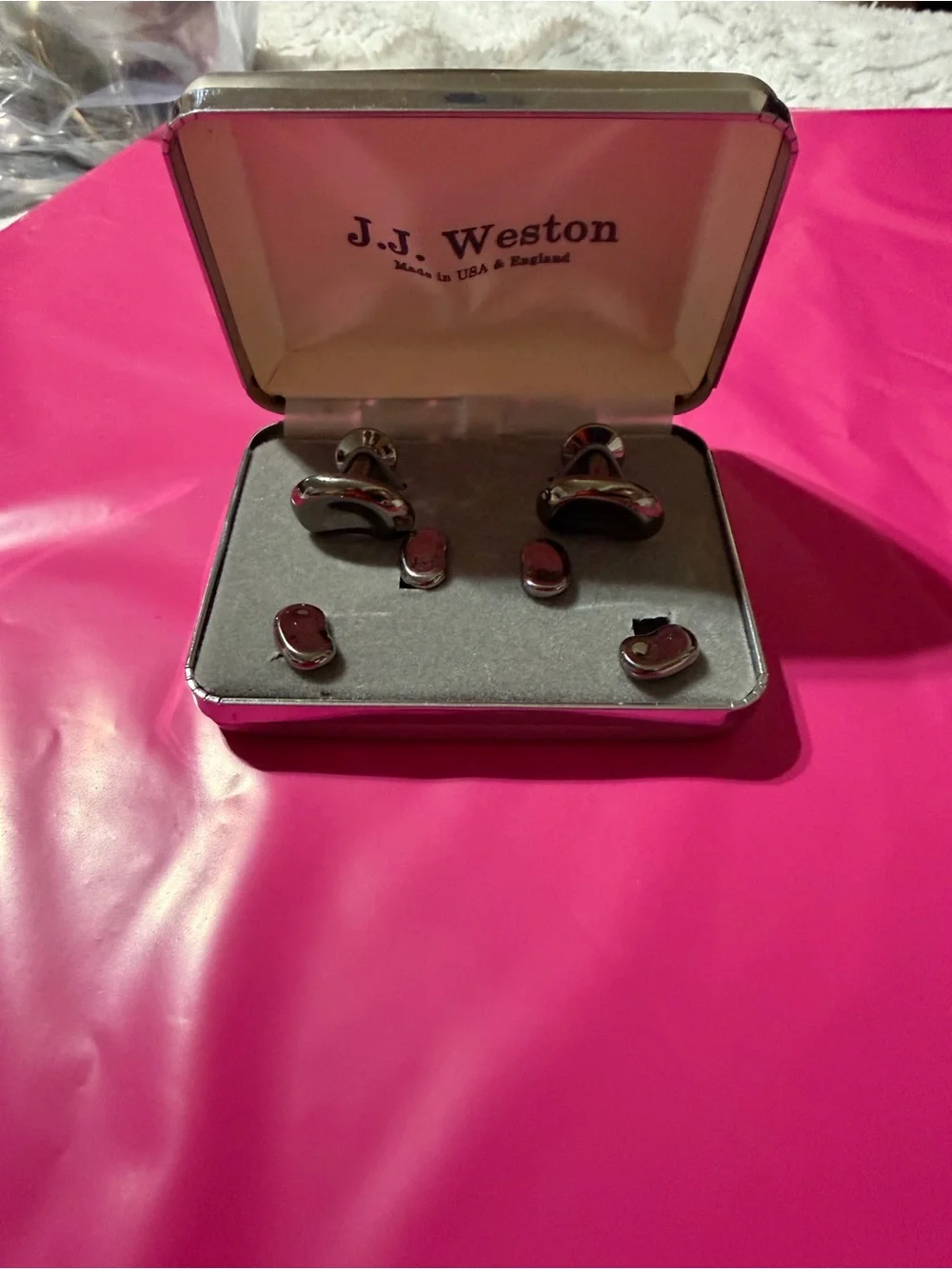 JJ Weston Gunmetal Kidney Bean Cuff Links and Stud Set Vintage New in Box